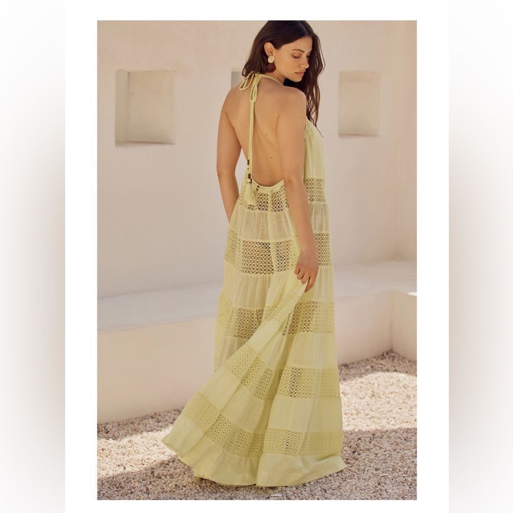 By Anthropologie Sheer Lace Tiered Midi Dress lime 🍋‍🟩 green yellow color Large